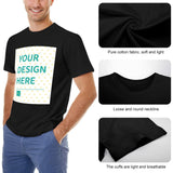 Men's black short sleeve t-shirt with 'Your Design Here' design, cotton fabric, and breathable cuffs at MyArtsyGift