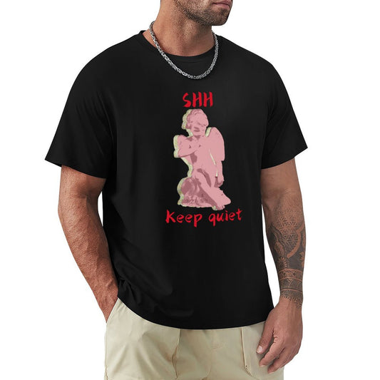 Black Men's Crew Neck T-Shirt with Pink Angel Print - "SHH Keep Quiet"