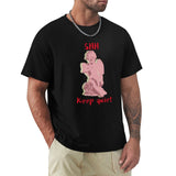 Black Men's Crew Neck T-Shirt with Pink Angel Print - "SHH Keep Quiet"