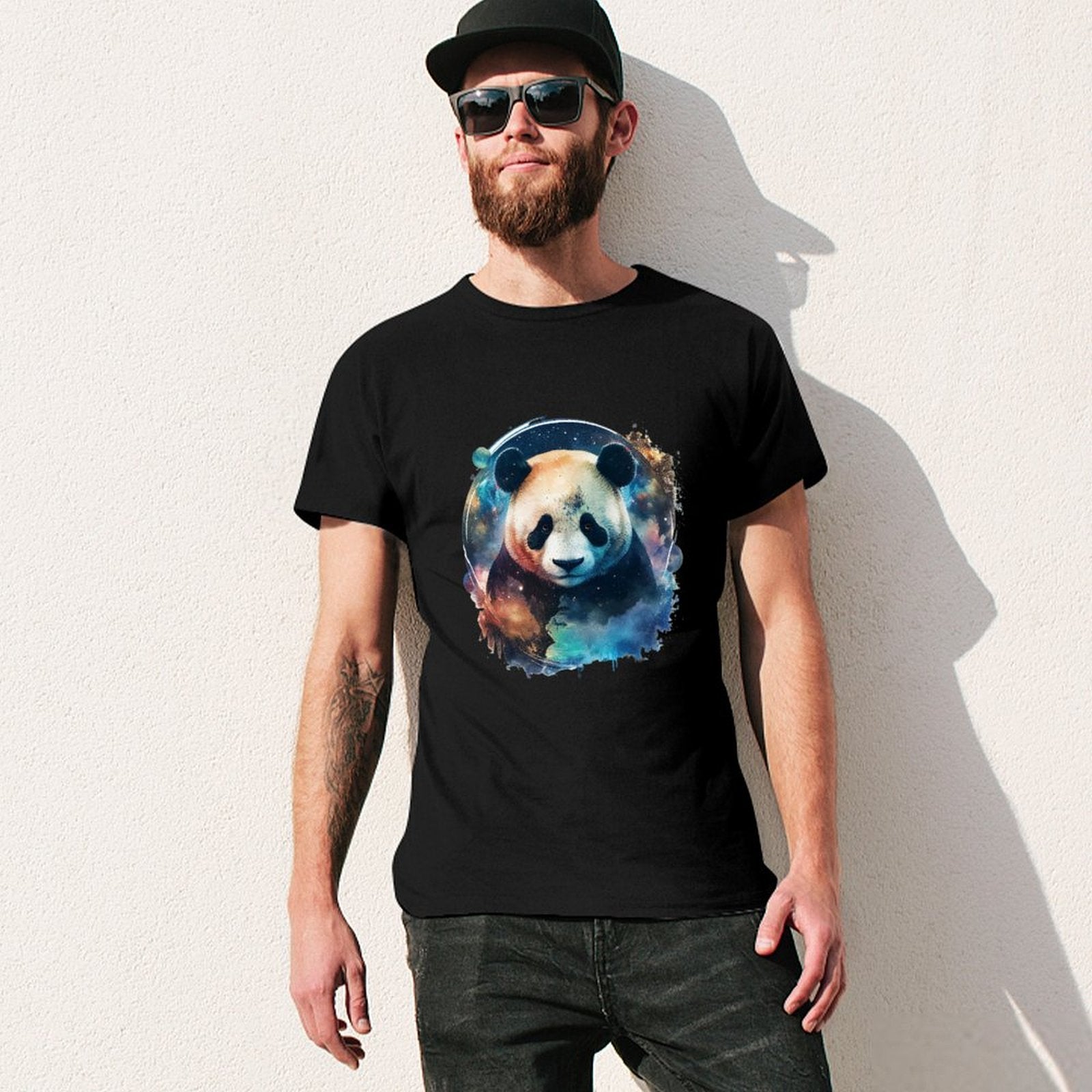 Men's black cotton t-shirt with panda design, MyArtsyGift classic tee, crew neck shirt, S-6XL