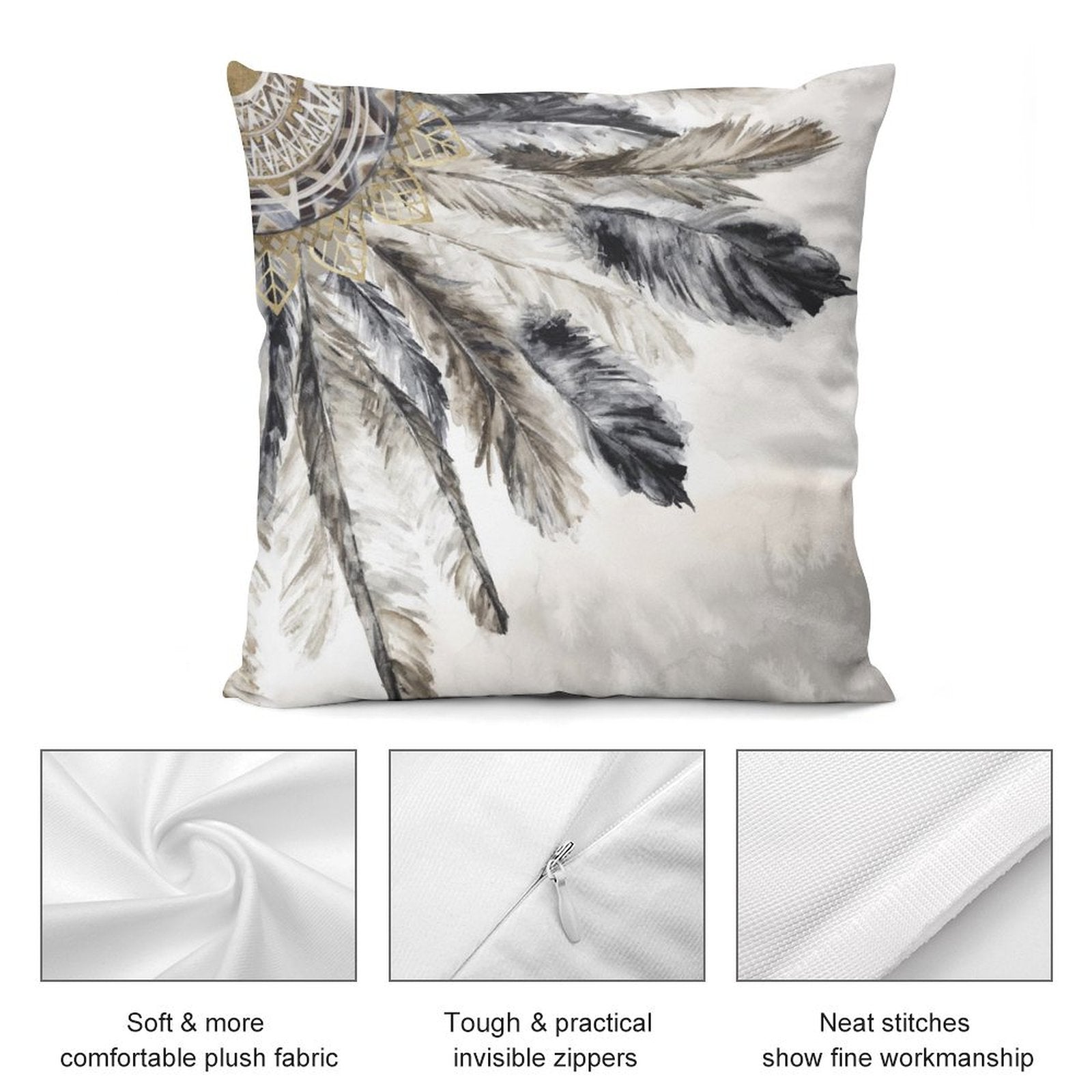 Luxury feather design plush throw pillow cover, soft and fluffy, with invisible zipper, MyArtsyGift