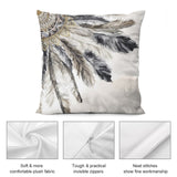 Plush throw pillow cover with watercolor feather design in shades of gray and gold, soft plush fabric, for sofa decor