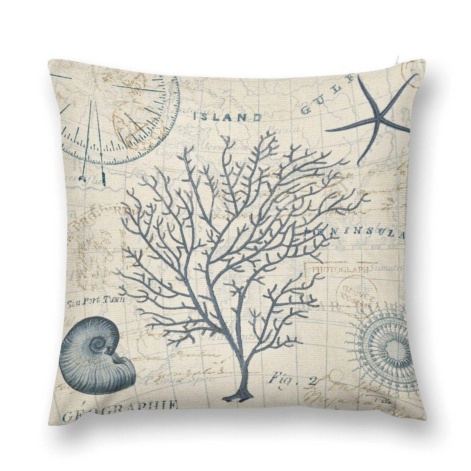 Plush throw pillow cover with a blue coral design on a vintage map background, decorative pillow for living room.