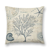 Plush throw pillow cover with a blue coral design on a vintage map background, decorative pillow for living room.