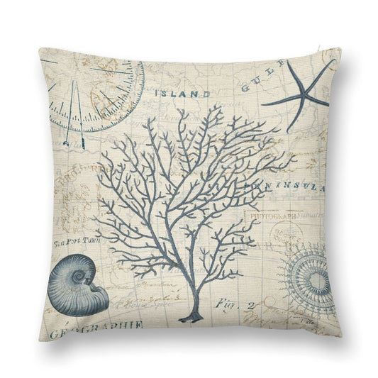 Soft plush throw pillow cover with sea-themed illustrations and a vintage map design, perfect for sofa and living room decor.