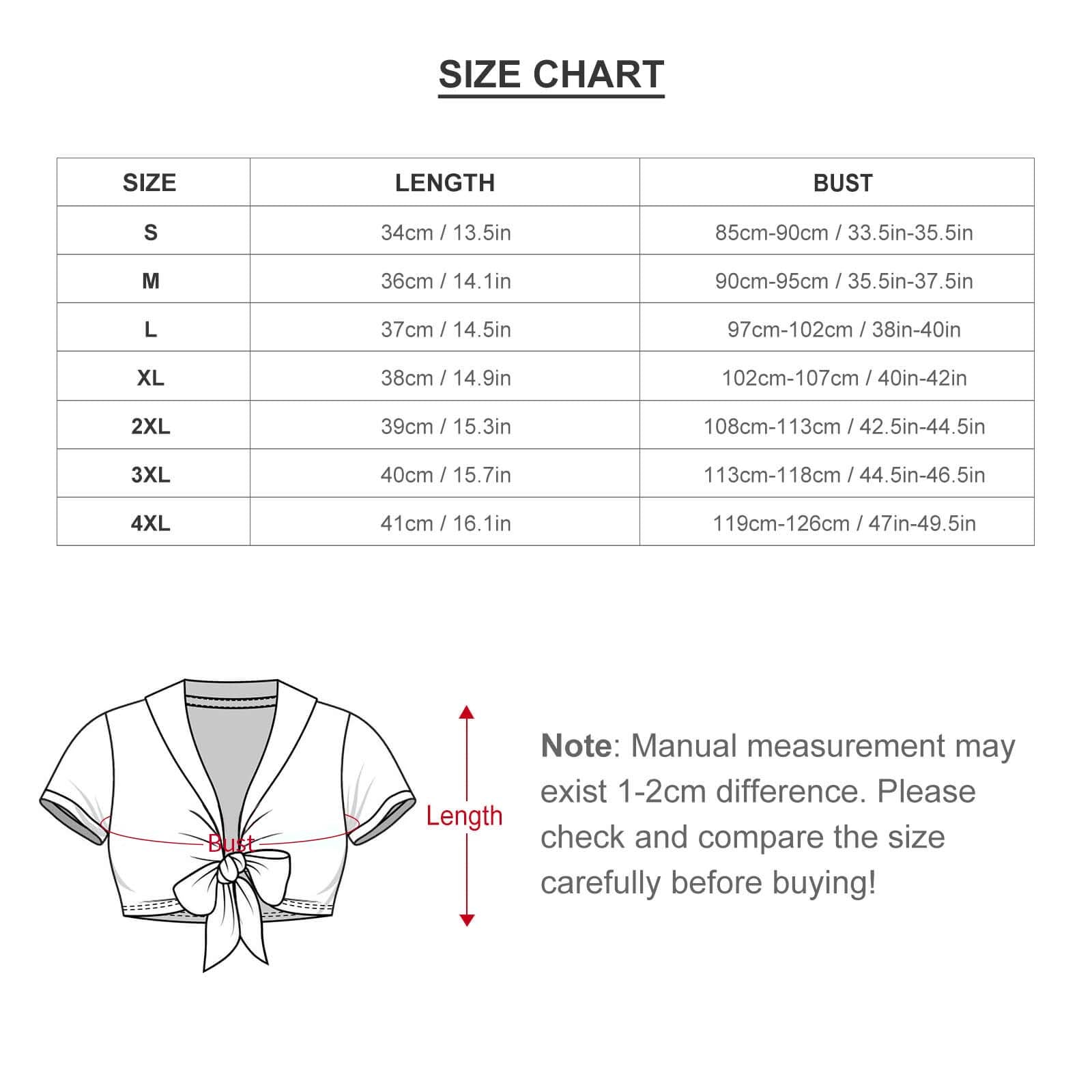 Cheerleader uniform size chart: length, bust measurements, sizes S-4XL. Note: manual measurement differences apply.