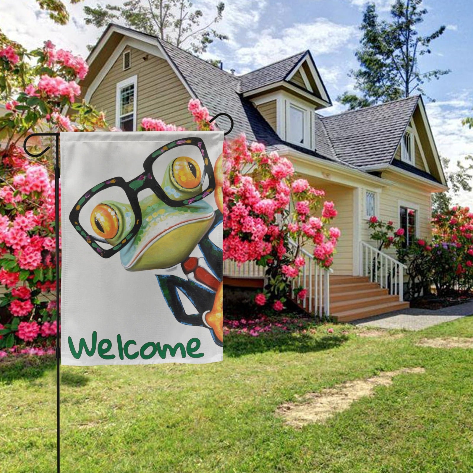 Welcome frog garden flag, frog wearing glasses, Made in USA, for outdoor garden decor.