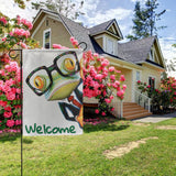 Welcome frog garden flag, frog wearing glasses, Made in USA, for outdoor garden decor.