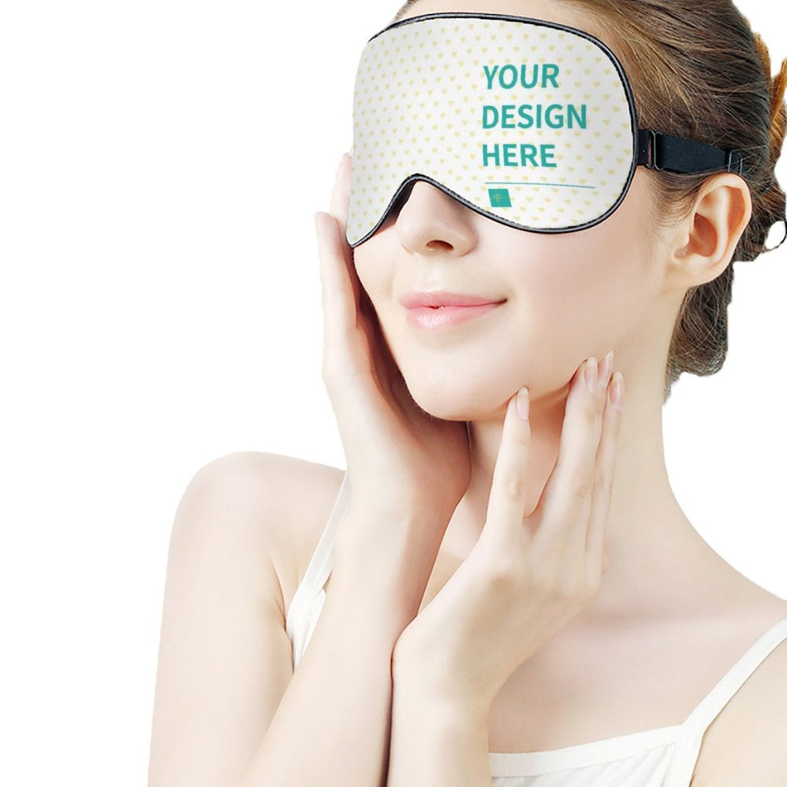 Customizable sleep mask with heart pattern, "YOUR DESIGN HERE", polyester material for better sleep