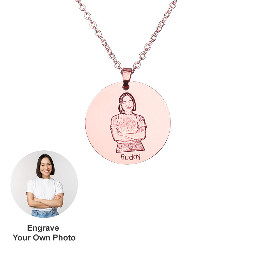 Personalized Picture Necklace - Rose Gold Titanium Steel with Engraved Photo & 'Buddy' text, custom keepsake jewelry.