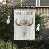 Bohemian Welcome garden flag with bull skull and floral design, for yard farmhouse decoration.