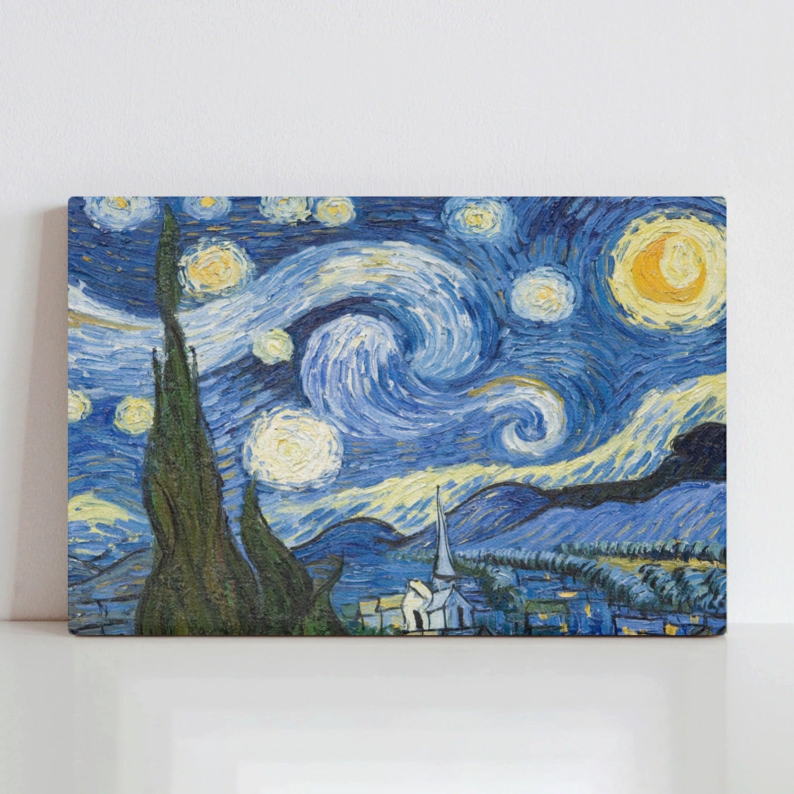 Starry Night Canvas Print Wall Art by Van Gogh - Blue and yellow starry sky art.