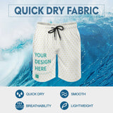 Custom men's quick-dry swim trunks with 'YOUR DESIGN HERE' and heart pattern, featuring drawstring and pockets, beach shorts