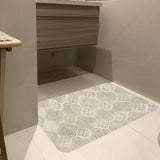 Boho doormat with quatrefoil pattern, cream and gold colors, perfect for bathroom use, rubber material.