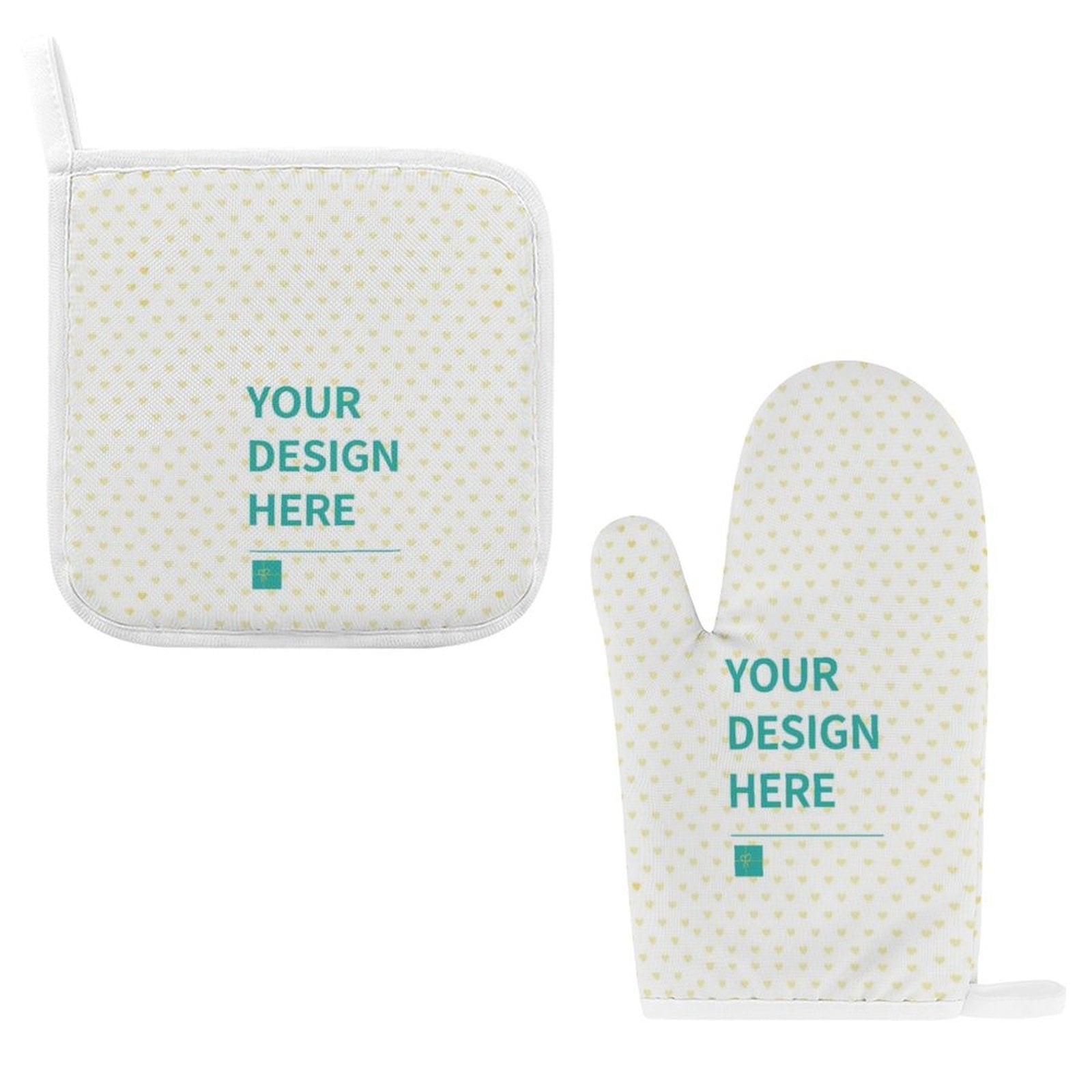 Customized potholder and oven mitt set with 'Your Design Here' text, perfect for kitchen, baking, or grilling.
