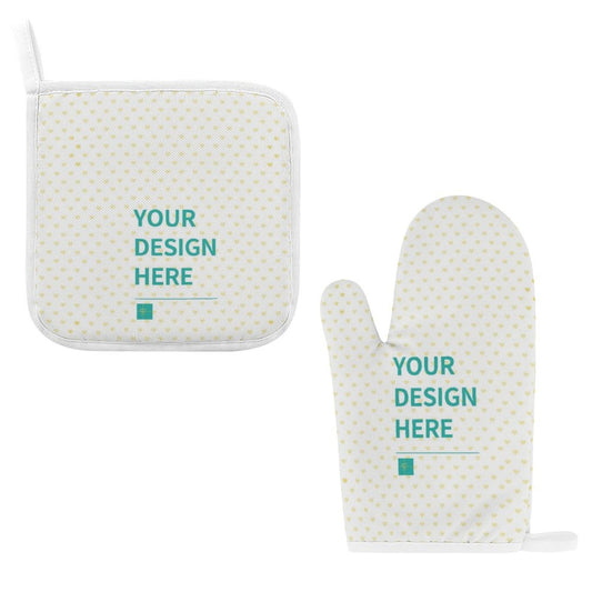 Customized potholder and oven mitt set with 'Your Design Here' text, perfect for kitchen, baking, or grilling.