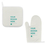 Customized potholder and oven mitt set with 'Your Design Here' text, perfect for kitchen, baking, or grilling.