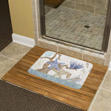 Coral velvet bath rug with coastal design, 'Welcome to the Shore' text, non-slip bathroom rug