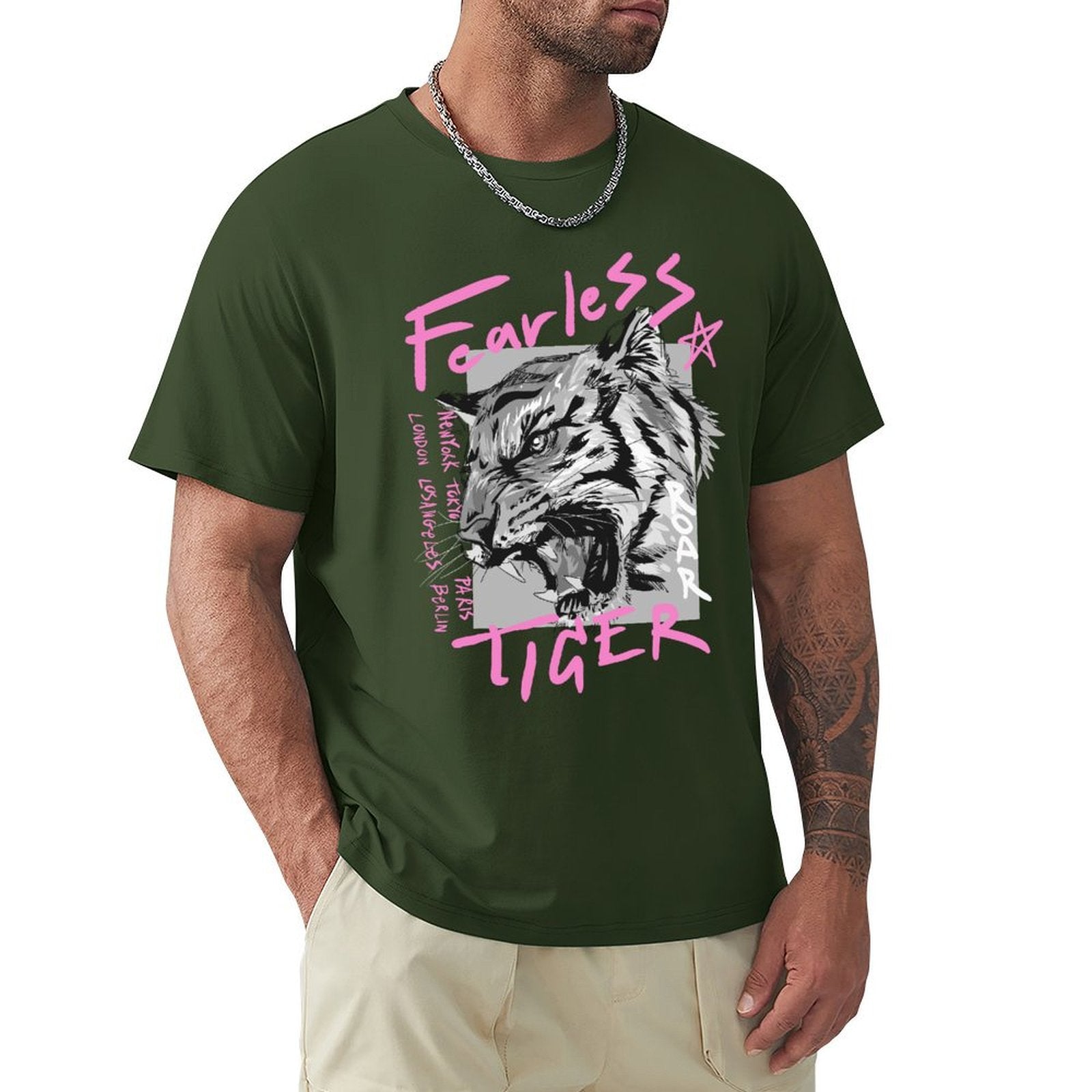 Dark green men's Fearless Tiger crew neck t-shirt. Cotton tee for streetwear style, comfortable fit, various sizes.