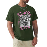 Dark green men's Fearless Tiger crew neck t-shirt. Cotton tee for streetwear style, comfortable fit, various sizes.