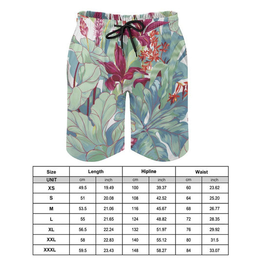 Men's Hawaiian swim trunks with floral print, drawstring, mesh lining, quick-dry fabric