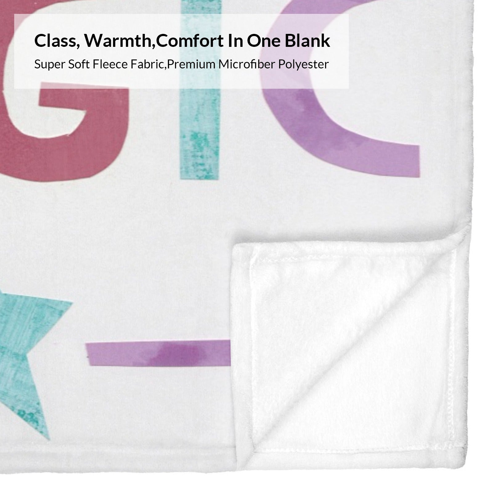 White Unicorn Magic flannel blanket with text, for babies and kids, soft polyester