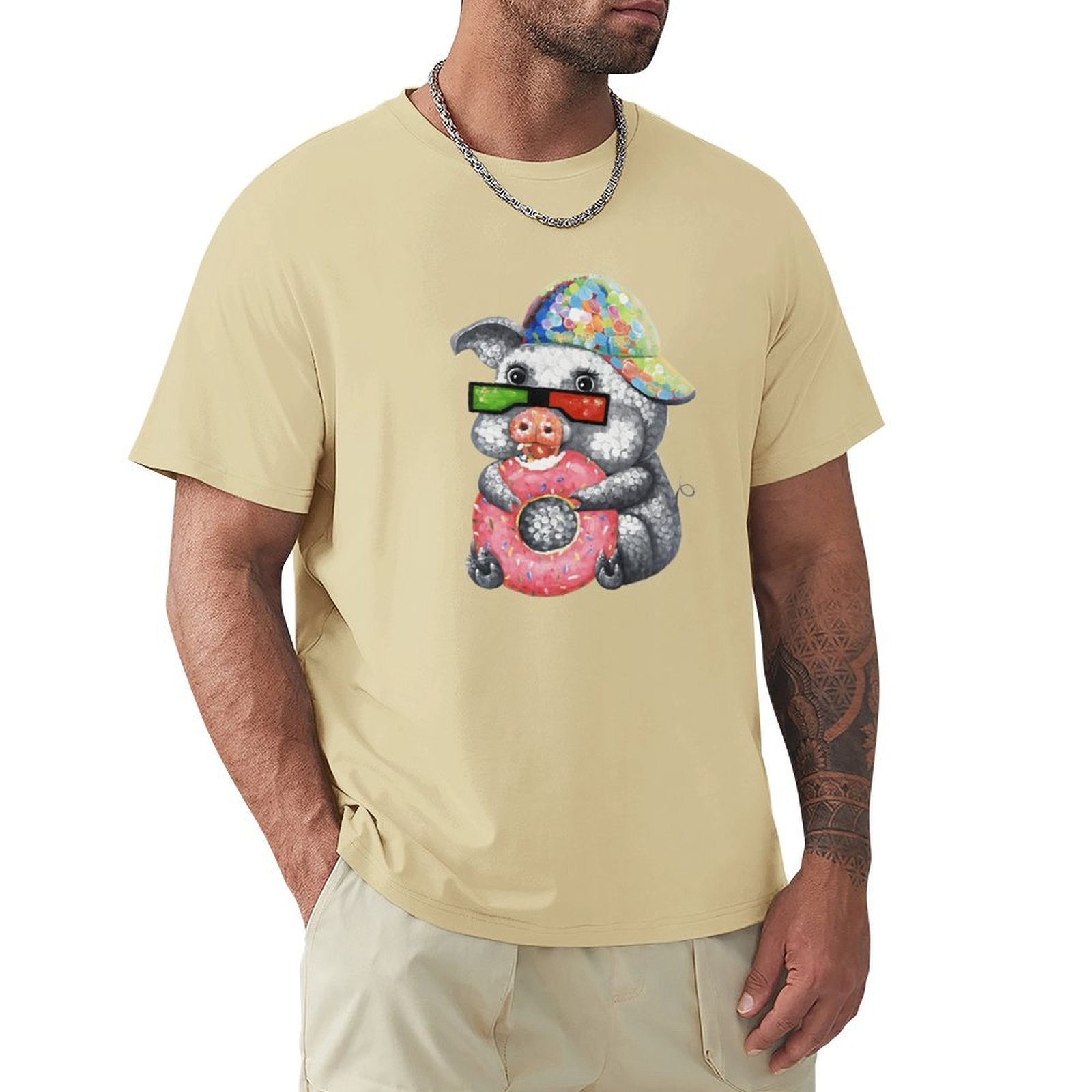 MyArtsyGift men's t-shirt featuring a pig graphic, casual crew neck tee.
