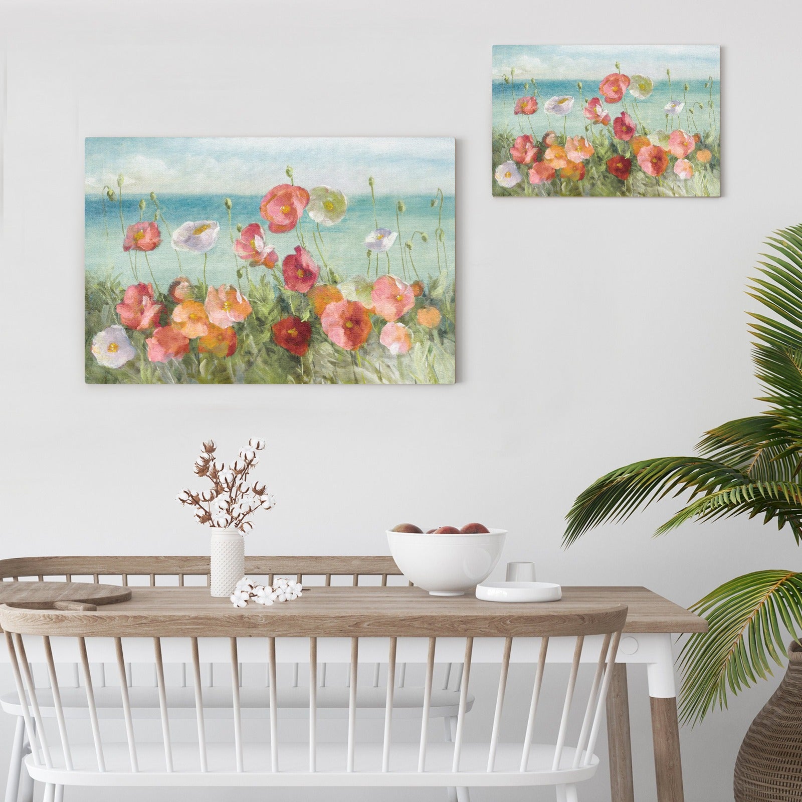 Coastal poppies beach flower canvas print, wall art decor in USA. Floral art for living room and bedroom.