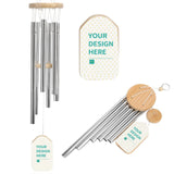 Custom Wind Chime for Garden Decor, Personalized with "YOUR DESIGN HERE" Text, Aluminum Tubes and Wooden Elements.
