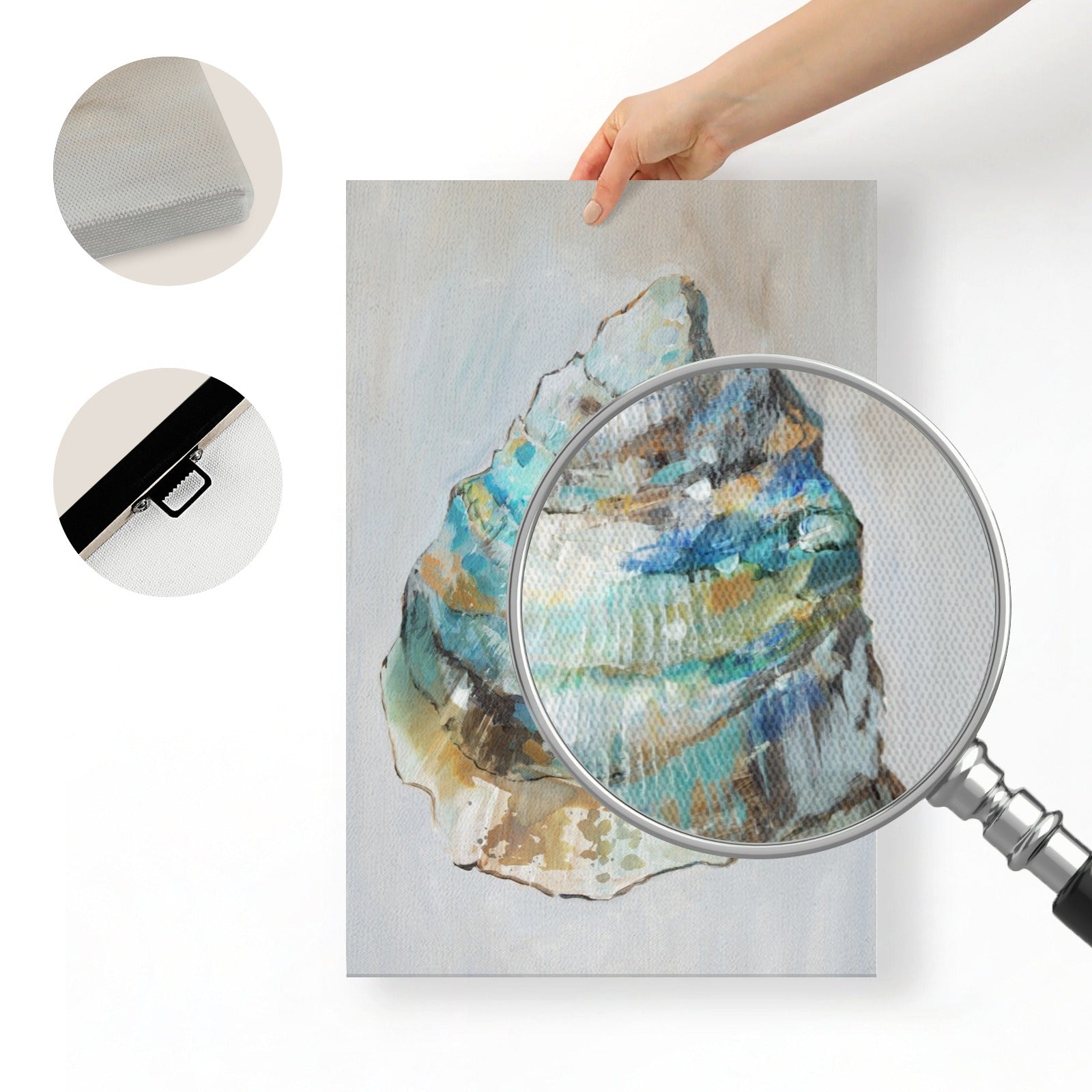 Oyster II modern wall art canvas painting. Teal and blue shell design on canvas, ready to hang, home decor.