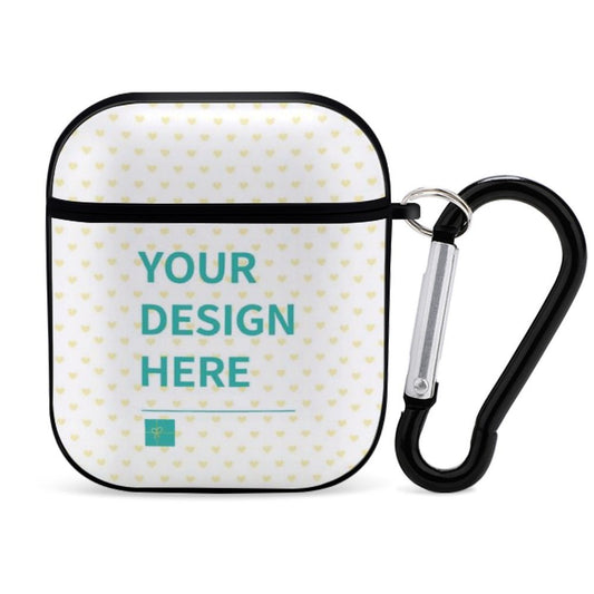 Custom AirPods case with 'YOUR DESIGN HERE' text and heart pattern, includes keychain