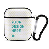 Custom AirPods case with 'YOUR DESIGN HERE' text and heart pattern, includes keychain