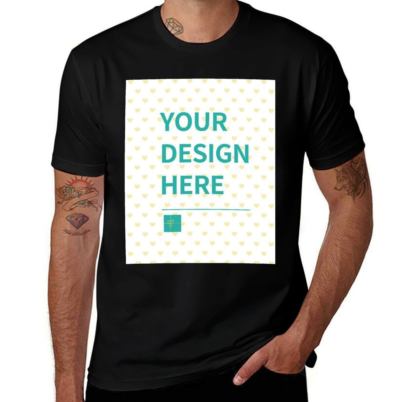 Customizable black cotton men's t-shirt with 'YOUR DESIGN HERE' print, perfect summer casual tee.
