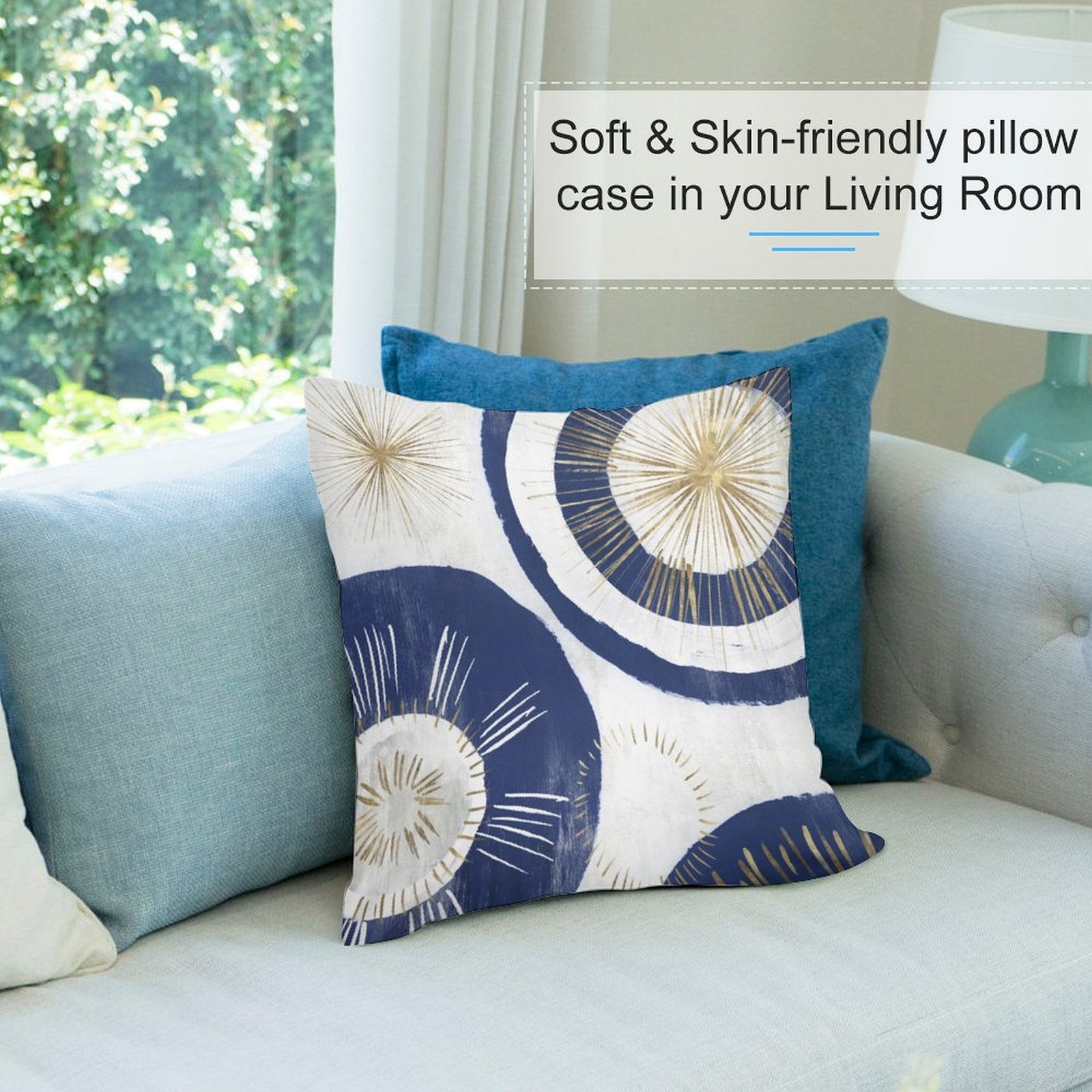 Navy and gold abstract throw pillow covers on sofa, short plush pillow case for living room decor, soft and skin-friendly.
