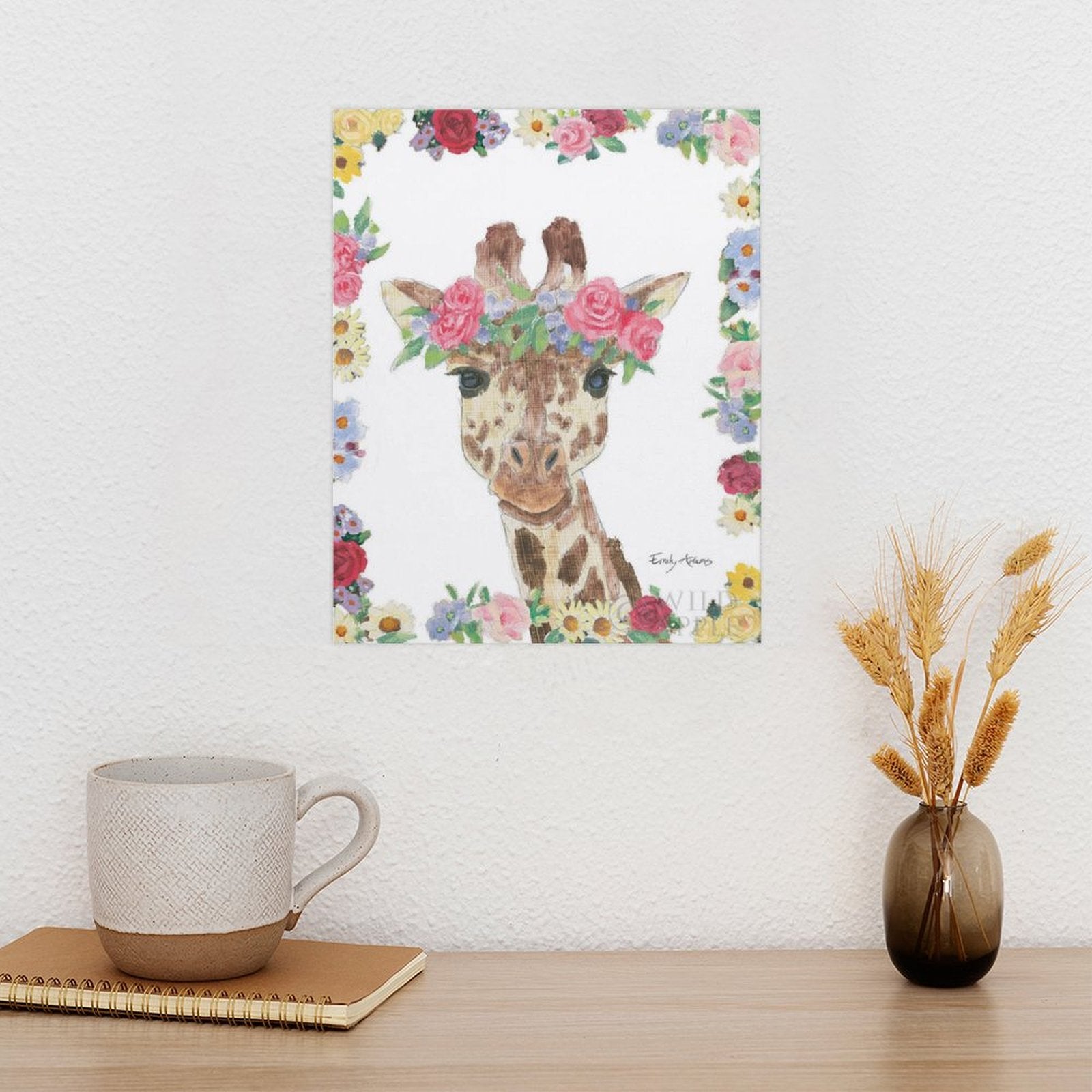 Giraffe canvas print with floral crown by Emily Adams, wall art for home decor; vibrant colors, various sizes