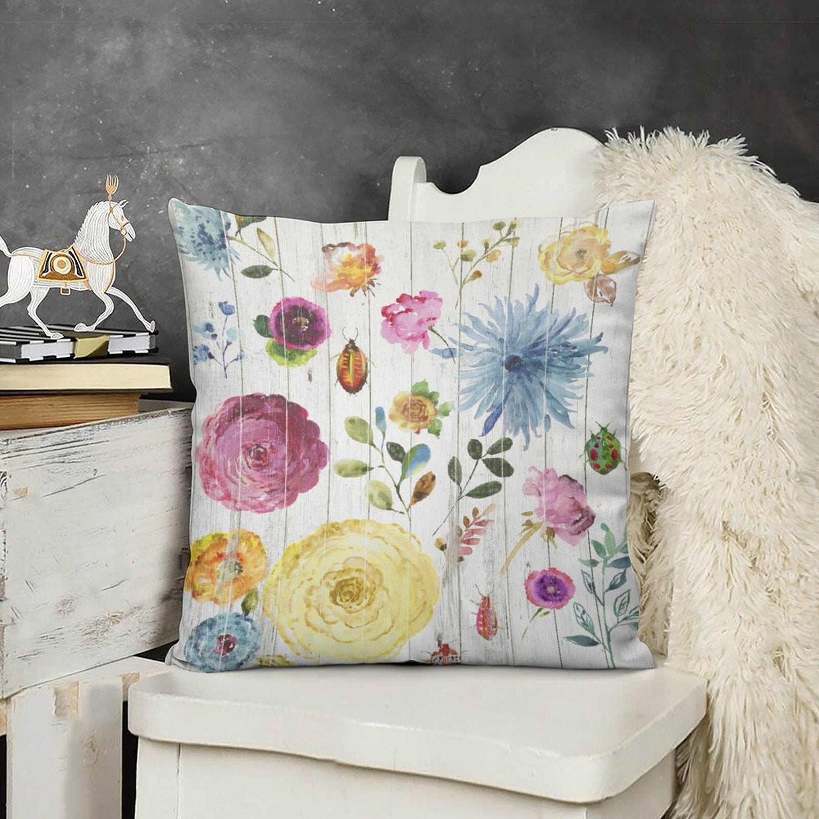 Plush throw pillow cover with watercolor floral and insect design. Decorative pillow for sofa or couch.