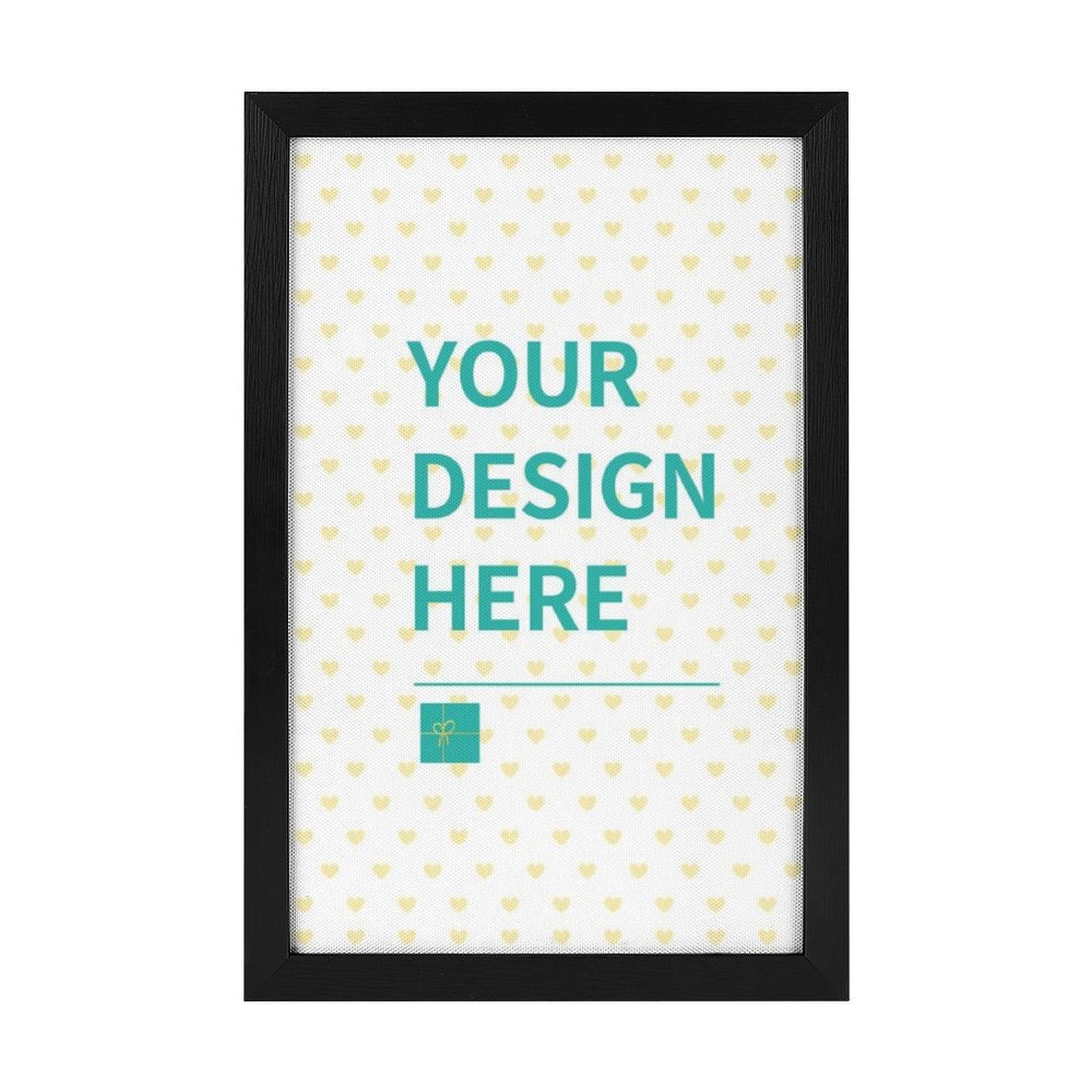 Custom canvas print with "YOUR DESIGN HERE" text in a black frame, perfect for personalized gifts, made with canvas and wood.