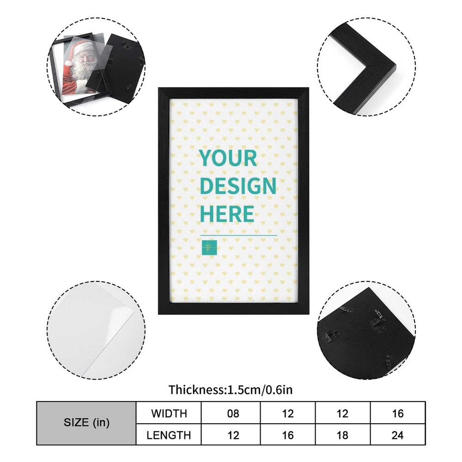 Customizable canvas print with YOUR DESIGN HERE text in a black frame. Personalized wall art for gifts.