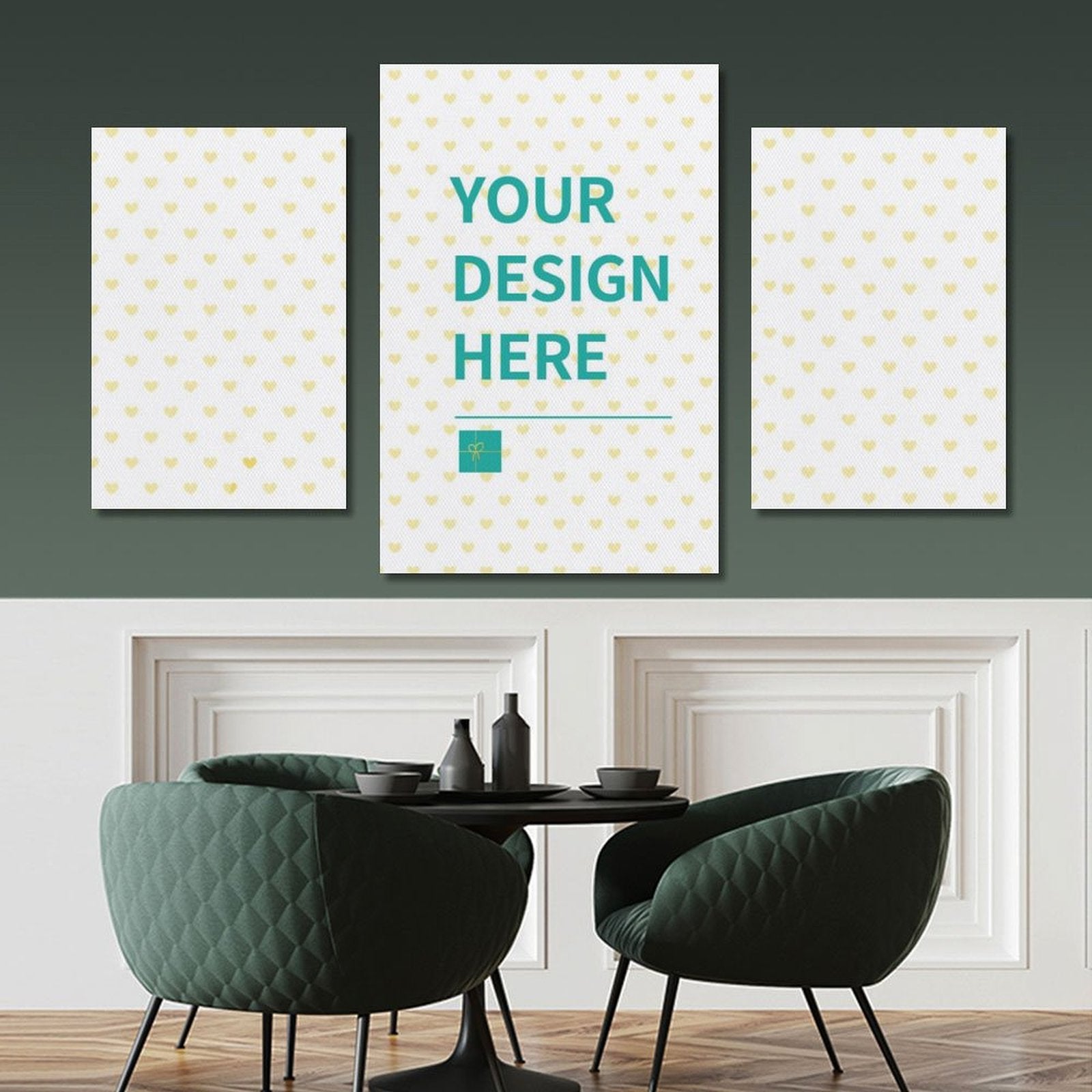 Personalized canvas prints with 'YOUR DESIGN HERE' text, 3-panel wall art for home decor, various sizes.