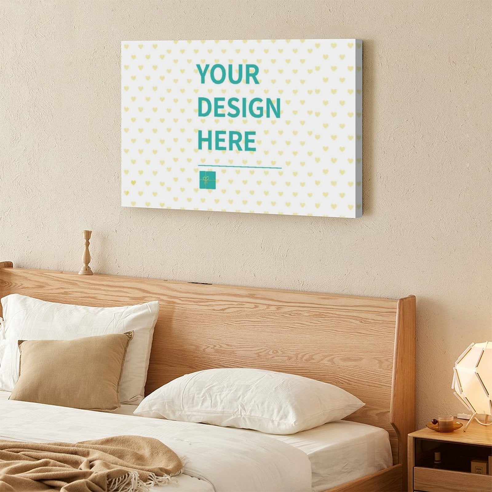 Custom canvas print with 'YOUR DESIGN HERE' text, perfect for personalized wall art and home decor on MyArtsyGift.com.