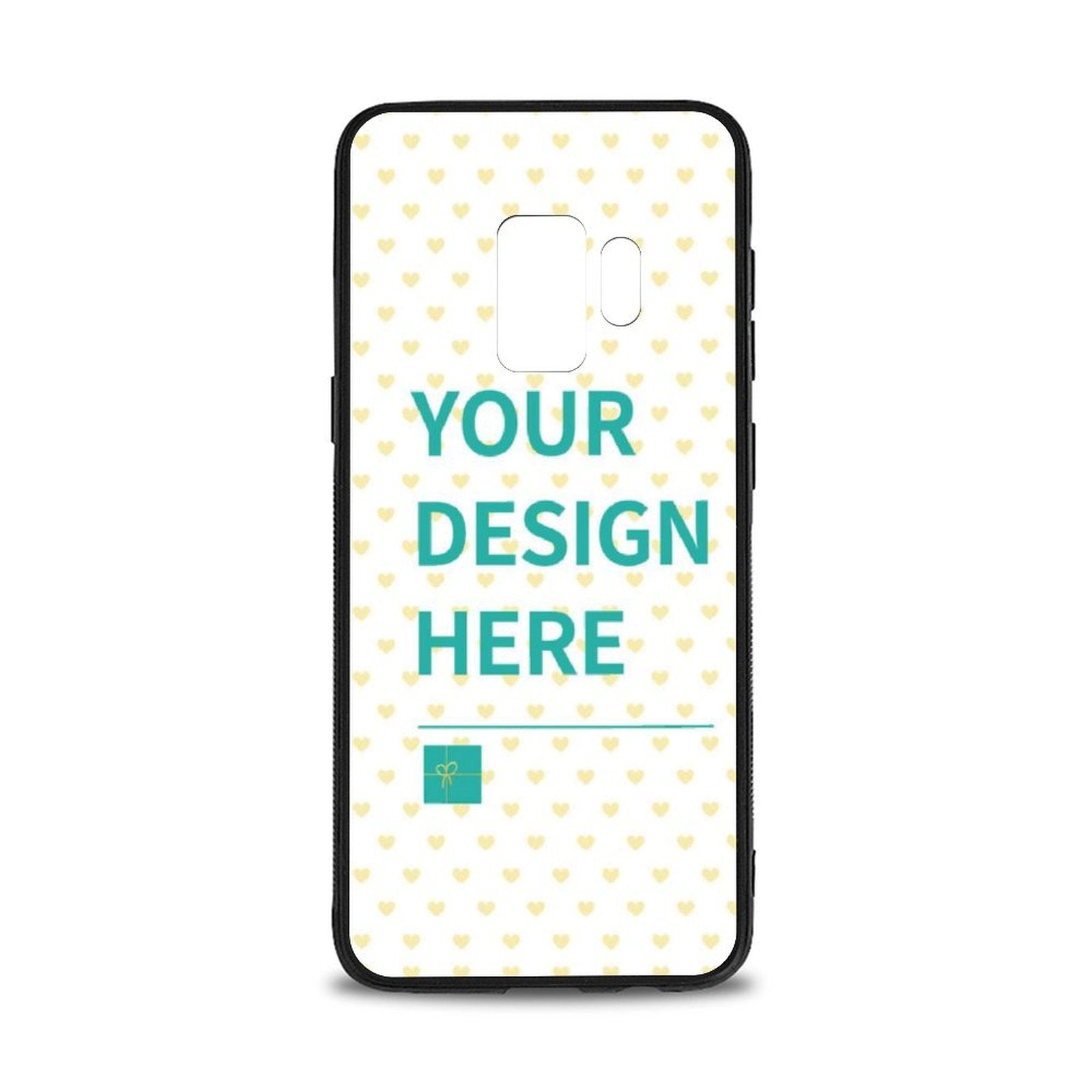 Custom Samsung Galaxy S9 case with personalized design, featuring text 'YOUR DESIGN HERE' and a gift box.