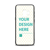Custom Samsung Galaxy S9 case with personalized design, featuring text 'YOUR DESIGN HERE' and a gift box.