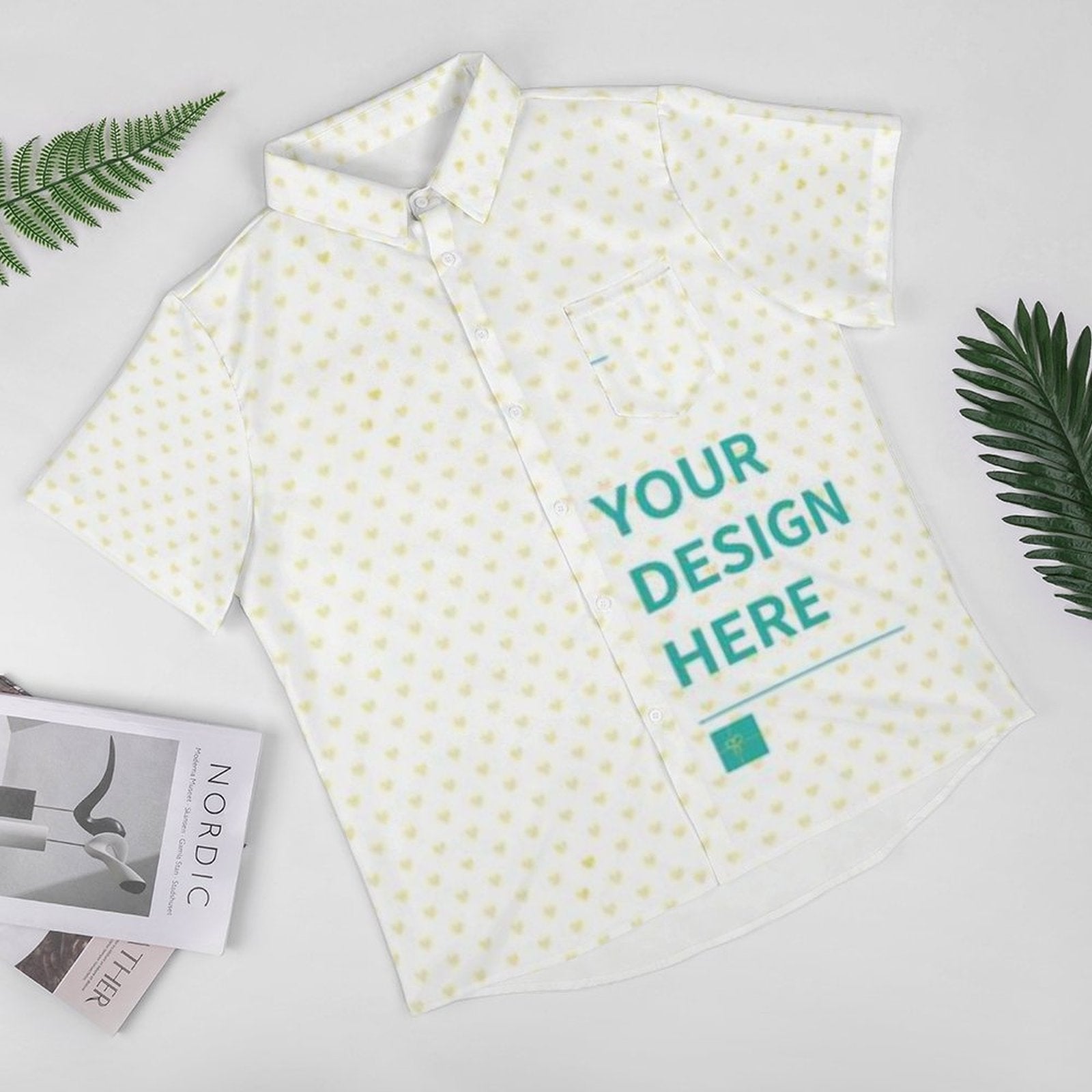 Custom short sleeve button down shirt for men, white with heart pattern, with text 'YOUR DESIGN HERE', personalized design