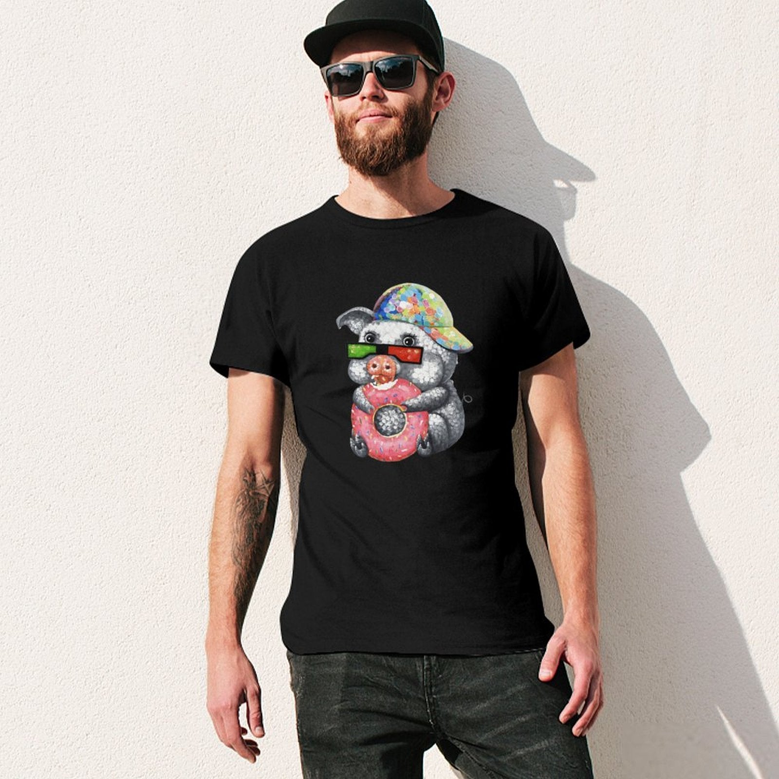 Men's black crew neck t-shirt with pig graphic, showcasing comfort and individuality. MyArtsyGift classic tee.