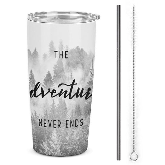 Stainless steel travel coffee mug with 'The adventure never ends' quote, perfect car cup gift.