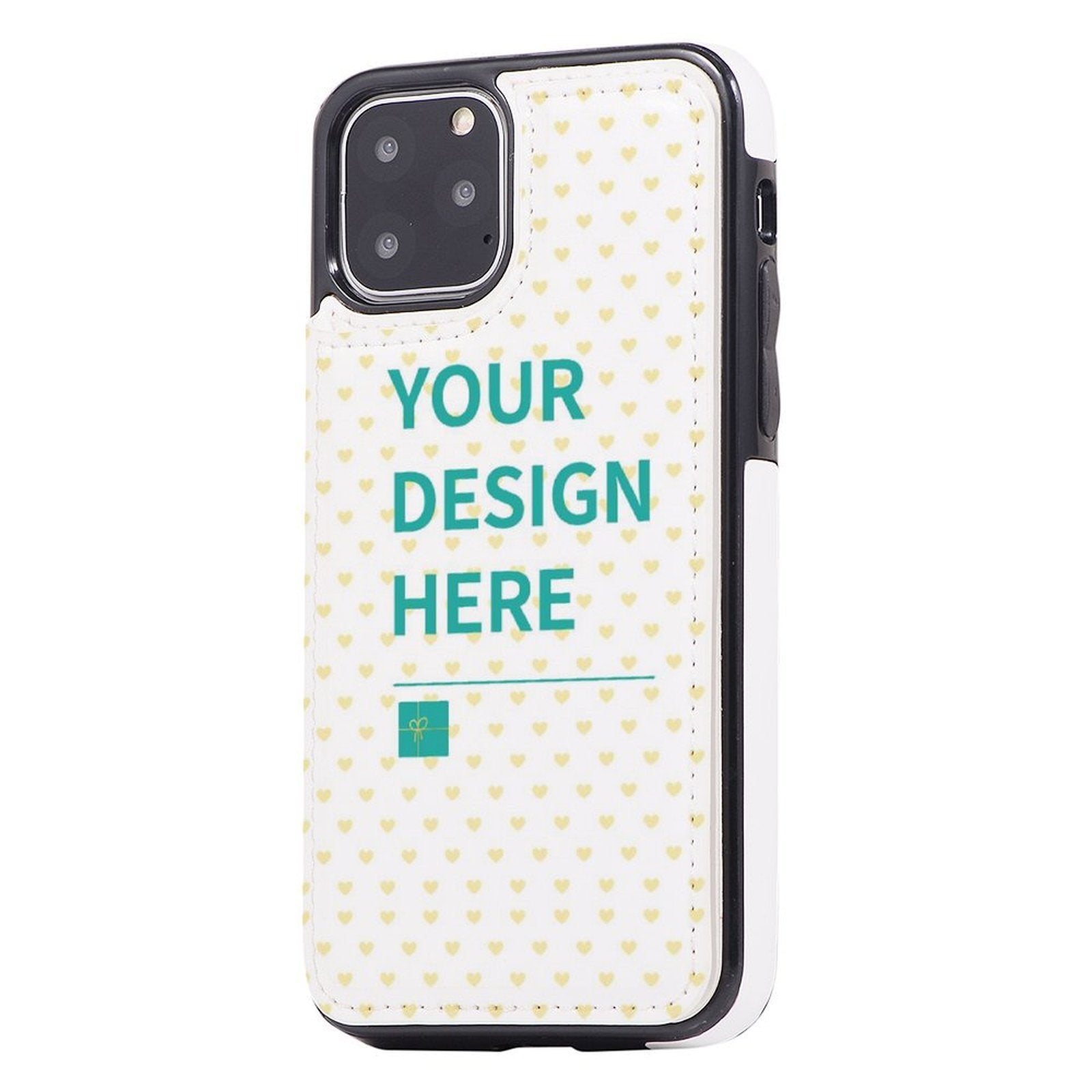 Custom iPhone 11 Pro flip case with 'Your Design Here' text and heart pattern