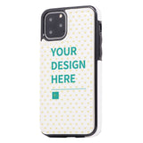 Custom iPhone 11 Pro flip case with 'Your Design Here' text and heart pattern