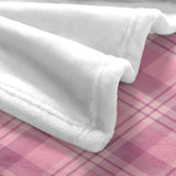 Pink buffalo plaid blanket with white fleece detail, USA made, soft and cozy home decor