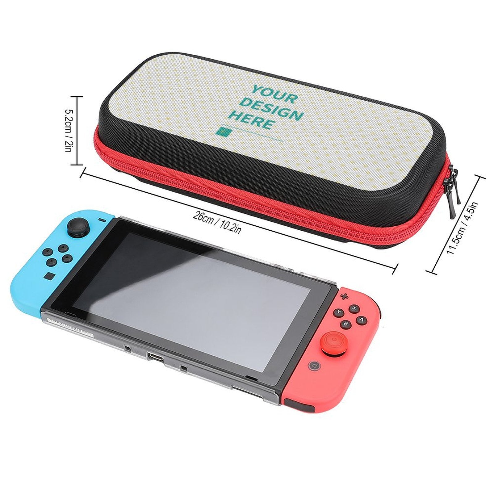 Customizable Nintendo Switch carry case with personalized design area, red zipper and black case, with a Switch console.
