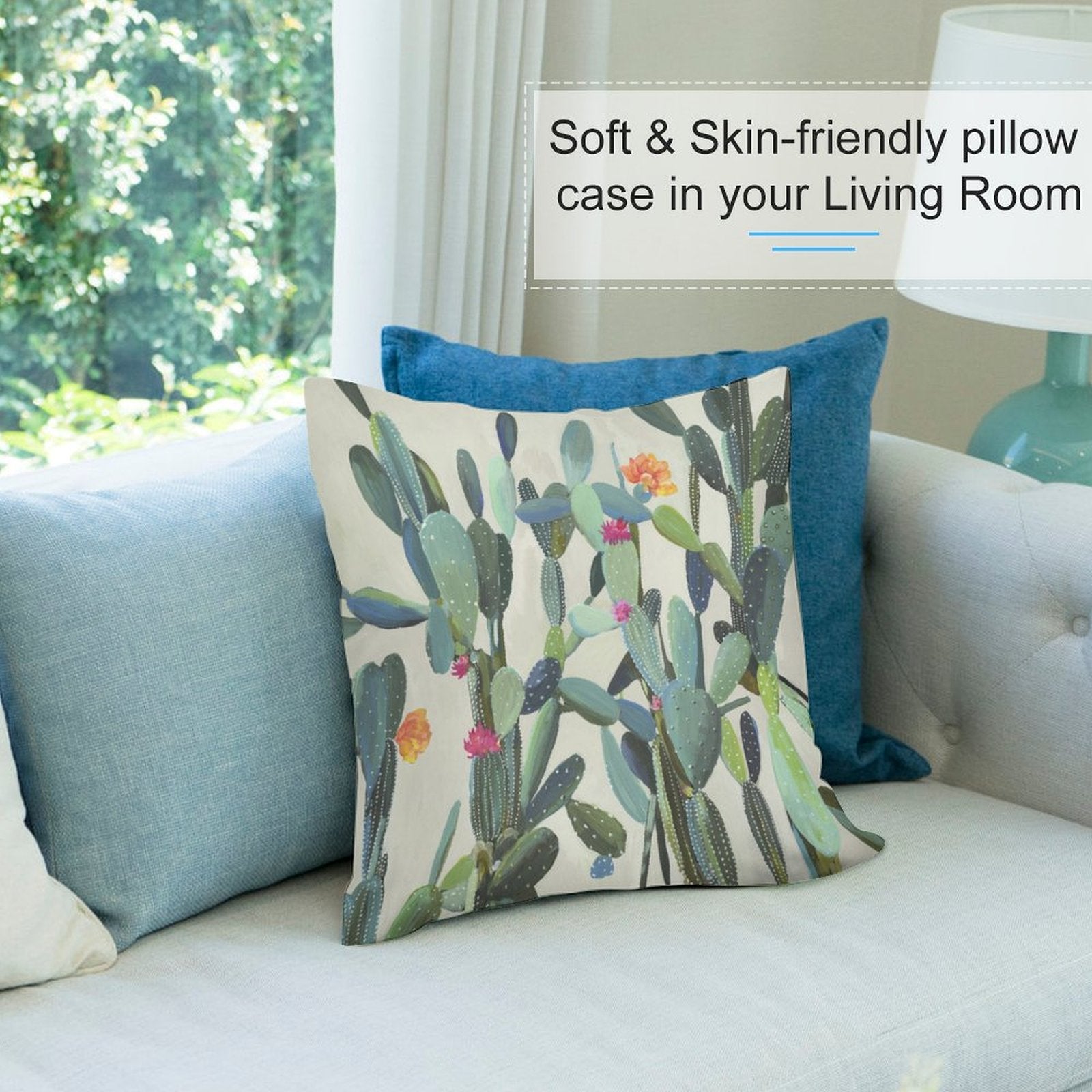 Soft cactus plush pillow cover for sofa, living room decor. Skin-friendly short plush fabric, with unique cactus art.